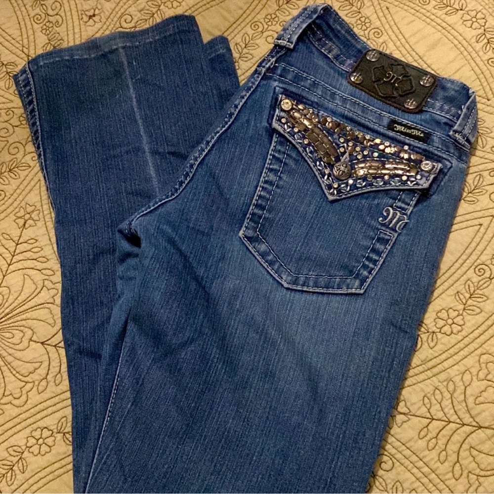 Miss Me Mid Rise Bootcut  Denim woman’s Size 30 jeweled flap back pockets !